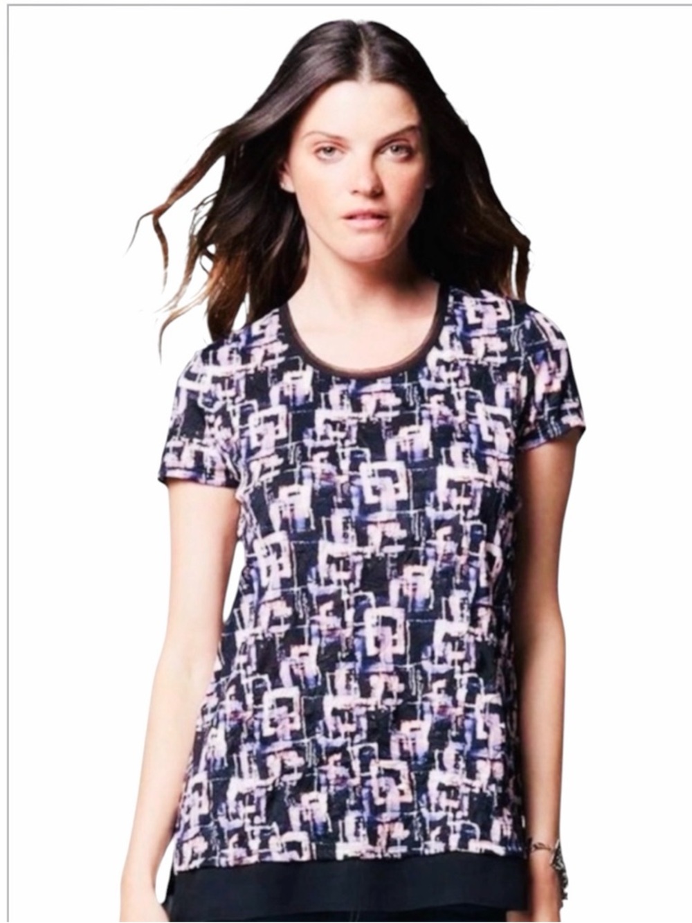 Simply Vera Vera Wang Abstract Geometric Crinkle Tee Top Mesh Chiffon Trim L